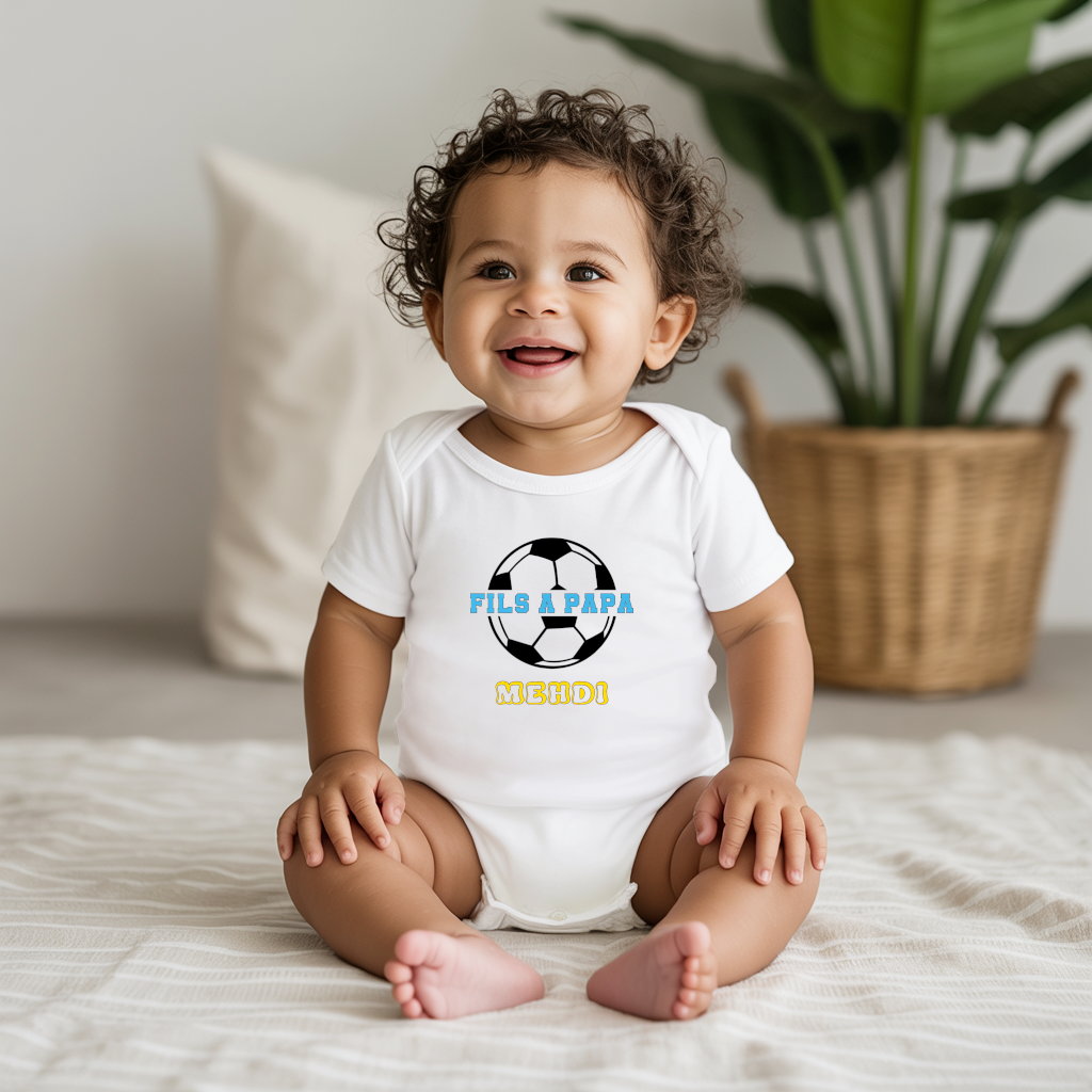 Body bébé personnalisé en coton petit champion de papa football porté par bébé - MARJANE et Cie