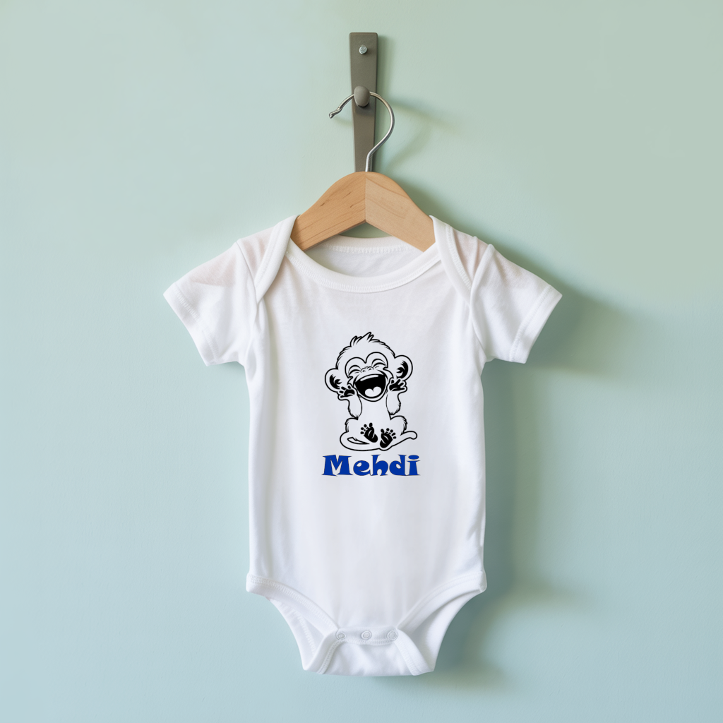 Body bébé personnalisable blanc avec prénom et singe rieur suspendu - MARJANE et Cie