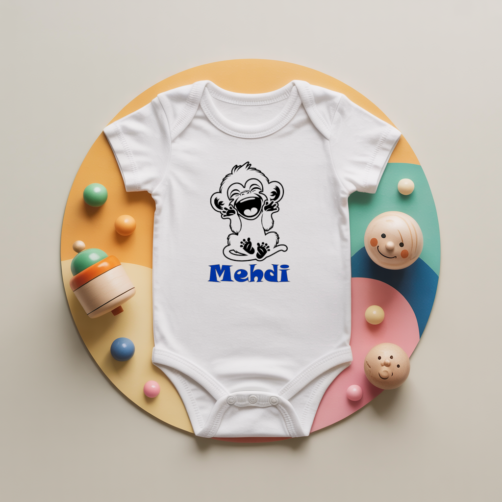 Body bébé personnalisé avec singe rieur en coton par flocage - MARJANE et Cie