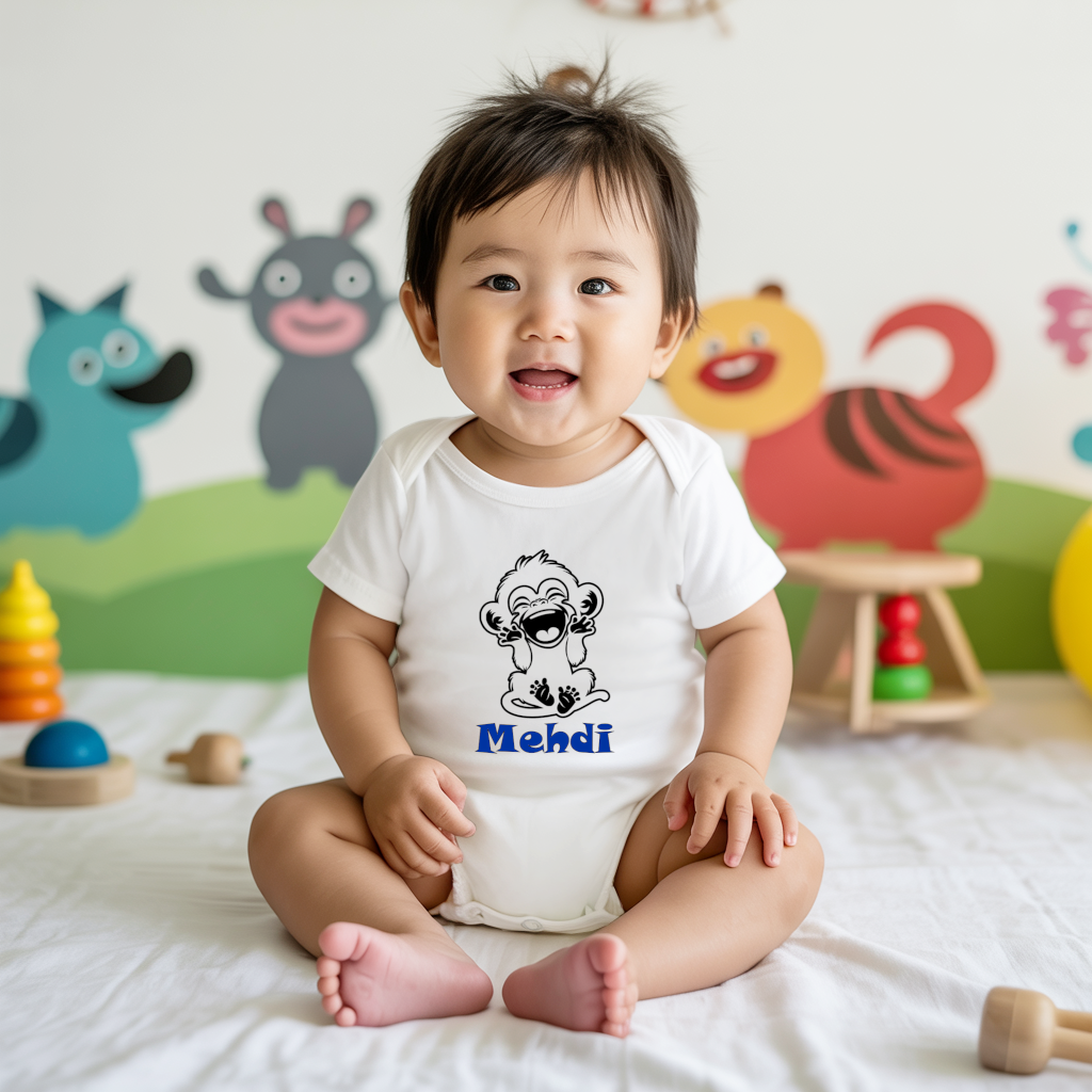 Body bébé personnalisé en coton singe rieur porté par bébé - MARJANE et Cie