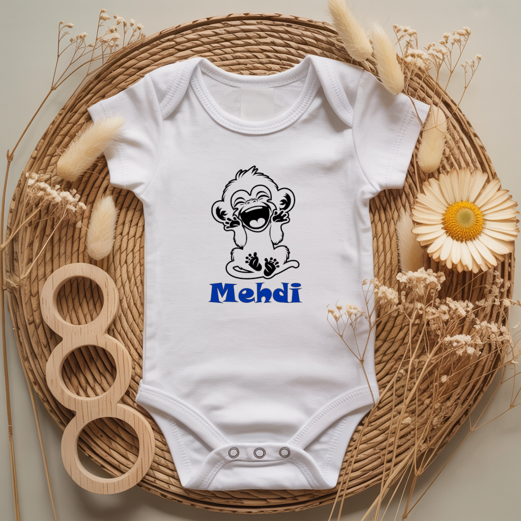Body bébé personnalisé avec illustration d’un singe rieur flocage couleur, cadeau naissance - MARJANE et Cie