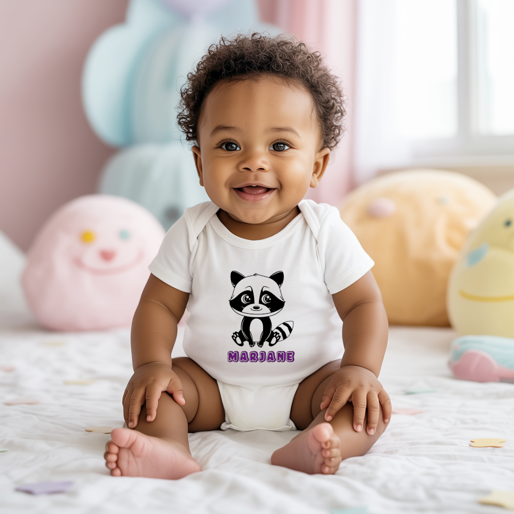 Body bébé personnalisé en coton raton laveur aventurier porté par bébé - MARJANE et Cie