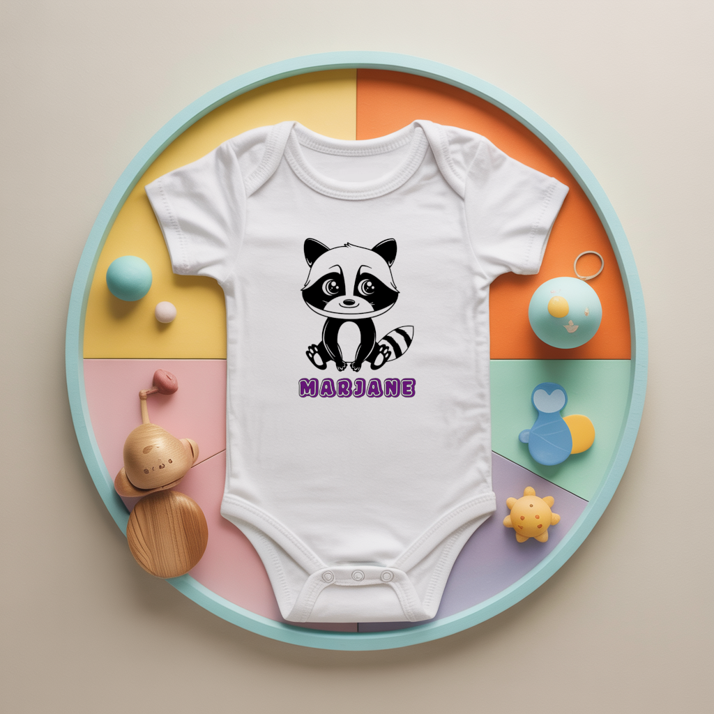 Body bébé personnalisé avec raton laveur aventurier en coton par flocage - MARJANE et Cie