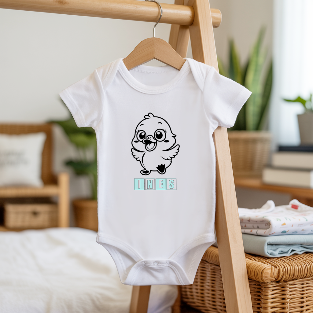 Body bébé personnalisable avec prénom et poussin joyeux flocage sur cintre - MARJANE et Cie