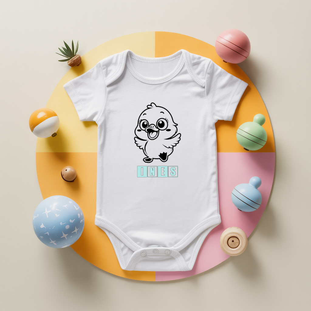 Body bébé personnalisé avec poussin joyeux en coton par flocage - MARJANE et Cie
