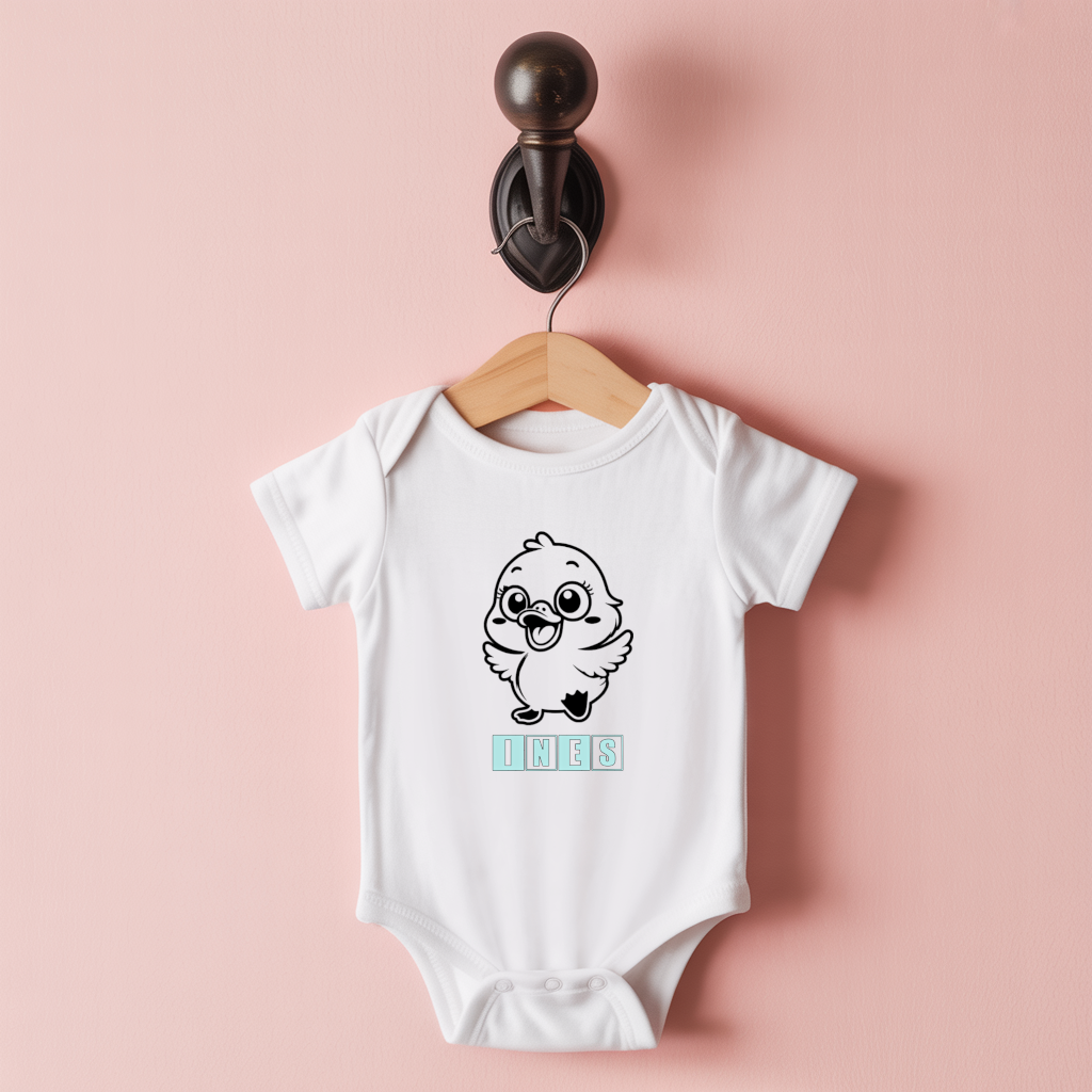 Body bébé personnalisable blanc avec prénom et poussin joyeux suspendu - MARJANE et Cie