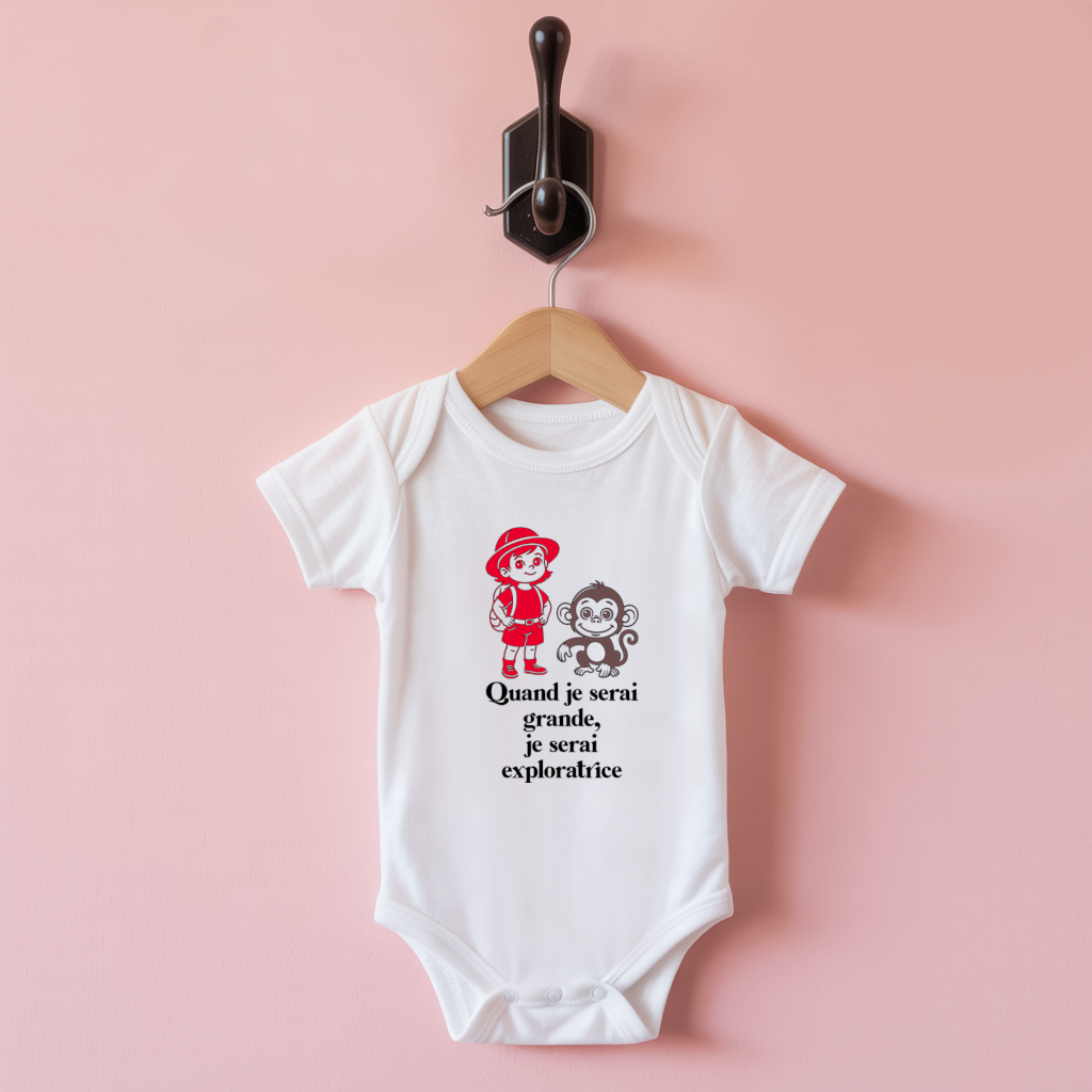 Body bébé personnalisable blanc avec petite exploratrice et message valeurs suspendu - MARJANE et Cie