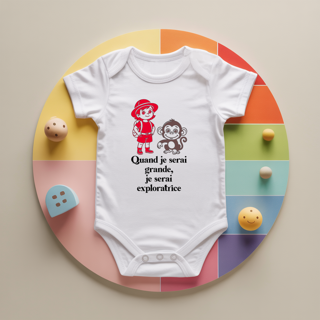 Body bébé personnalisé avec petite exploratrice et message valeurs en coton par flocage - MARJANE et Cie
