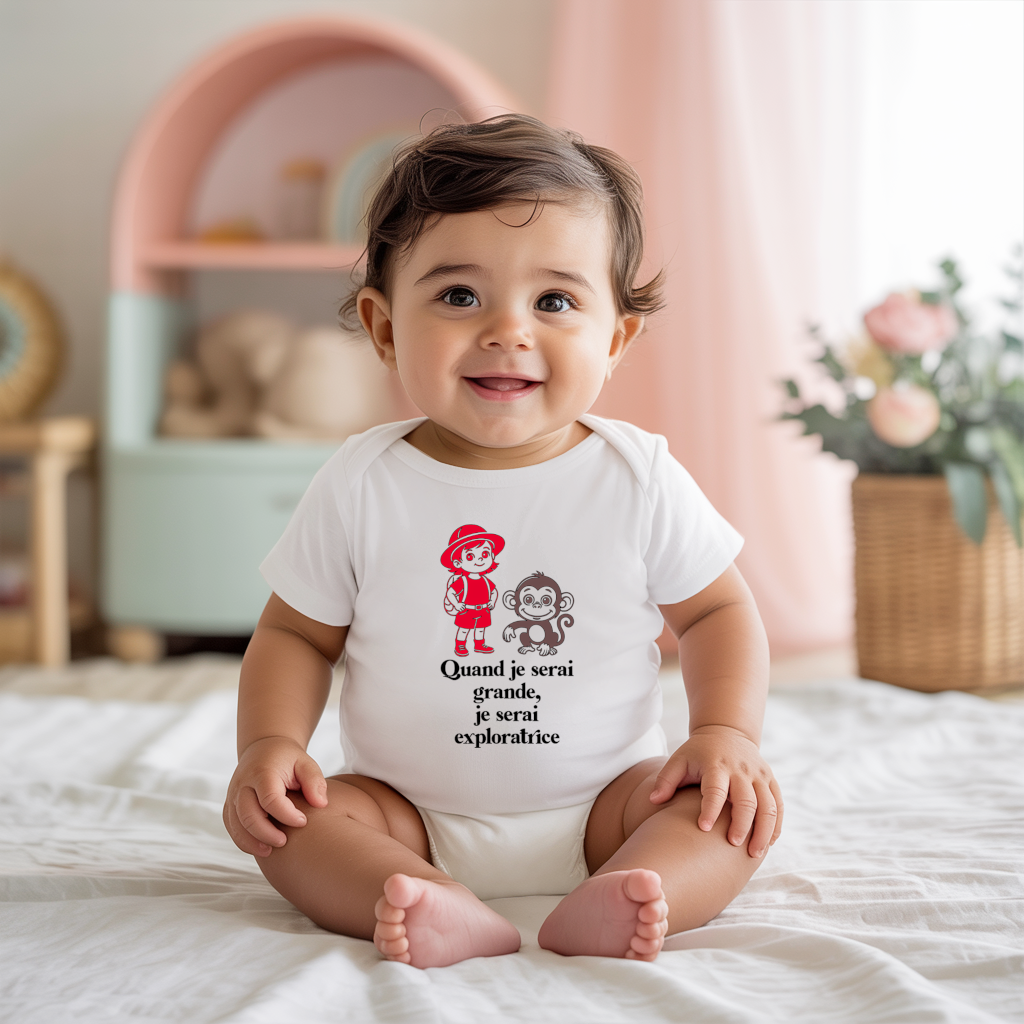 Body bébé personnalisé en coton petite exploratrice et message valeurs porté par bébé - MARJANE et Cie