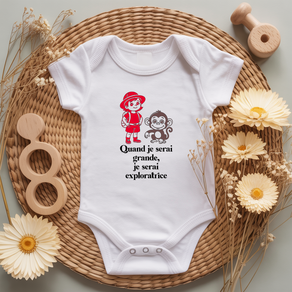 Body bébé personnalisé avec illustration d’une petite exploratrice et message flocage couleur - MARJANE et Cie