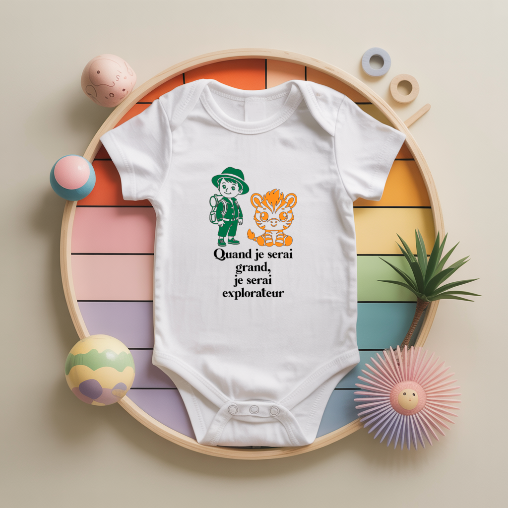 Body bébé personnalisé avec petit explorateur et message en coton par flocage - MARJANE et Cie