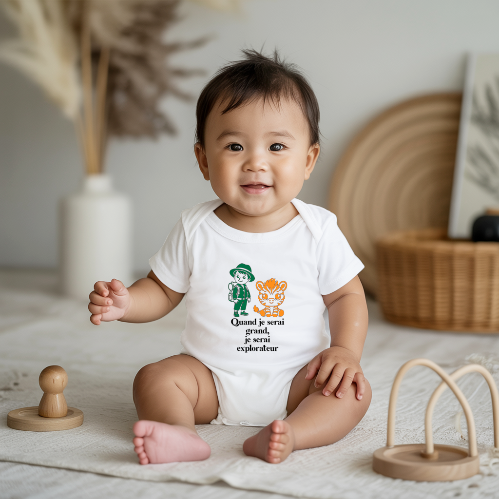 Body bébé personnalisé en coton petit explorateur et message valeurs porté par bébé - MARJANE et Cie