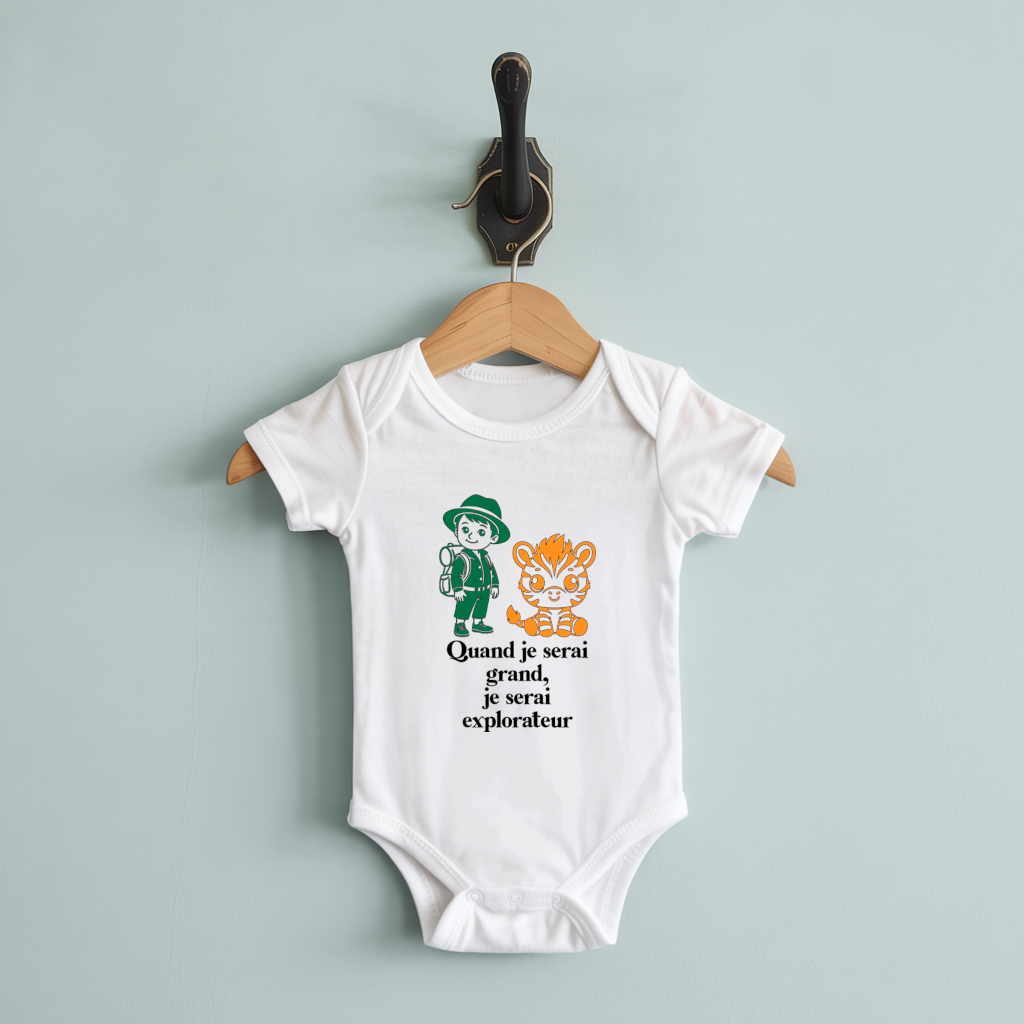 Body bébé personnalisable blanc avec petit explorateur et message suspendu - MARJANE et Cie