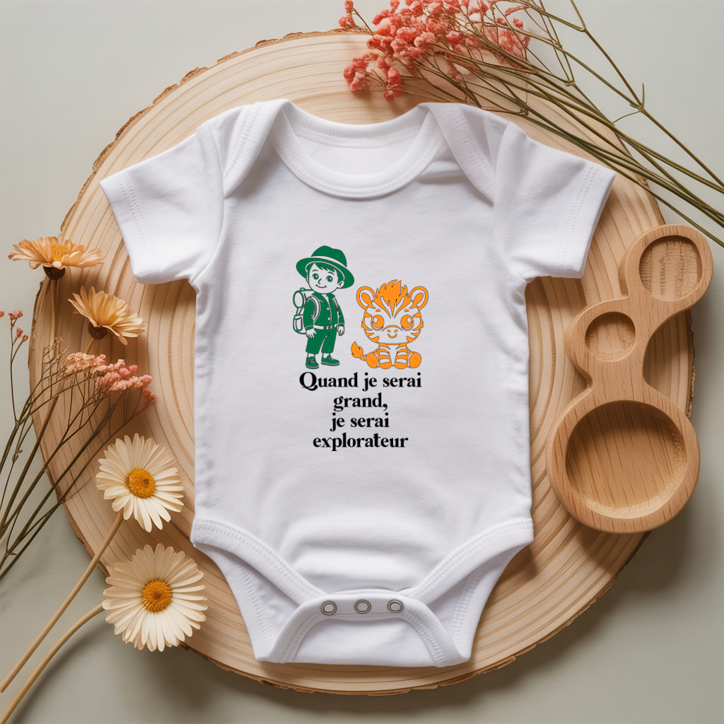 Body bébé personnalisé avec illustration d’un petit explorateur et message flocage couleur - MARJANE et Cie