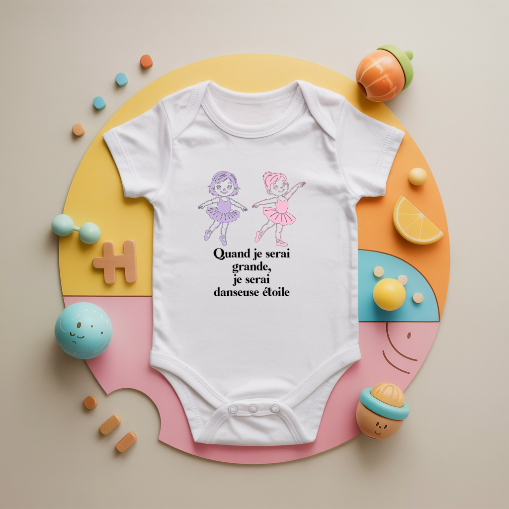 Body bébé personnalisé avec danseuses étoile et message en coton par flocage - MARJANE et Cie