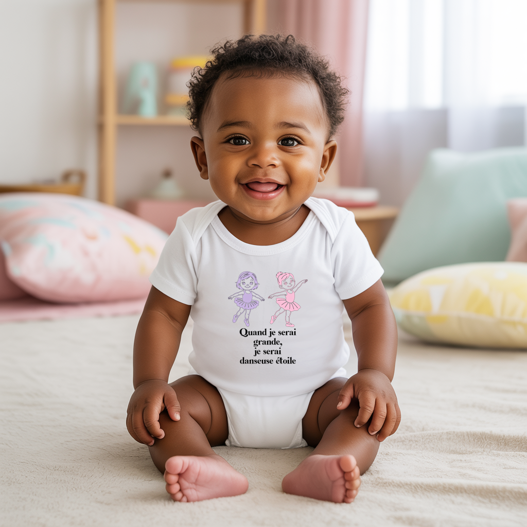 Body bébé personnalisé en coton danseuses et message inspirant porté par bébé - MARJANE et Cie