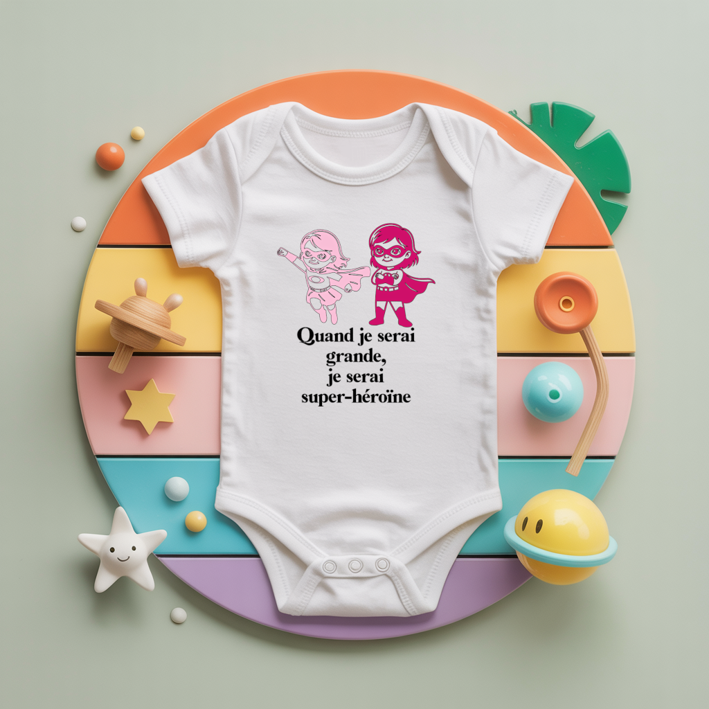 Body bébé personnalisé avec super héroïnes et message en coton par flocage - MARJANE et Cie
