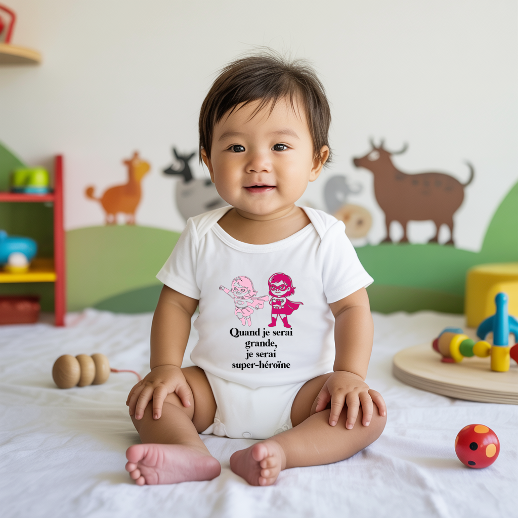 Body bébé personnalisé en coton super héroïnes et message inspirant porté par bébé - MARJANE et Cie