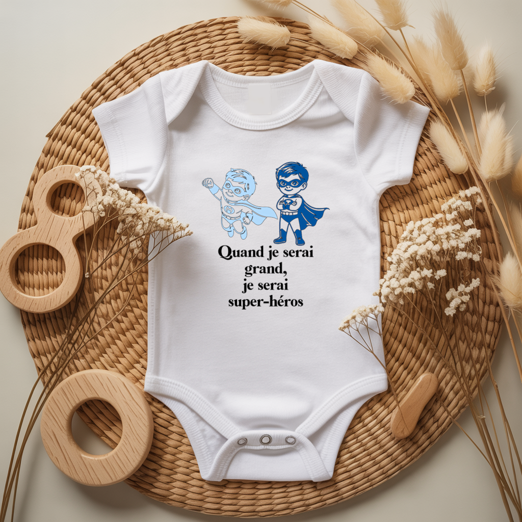 Body bébé personnalisé avec illustration de super héros et message flocage couleur - MARJANE et Cie