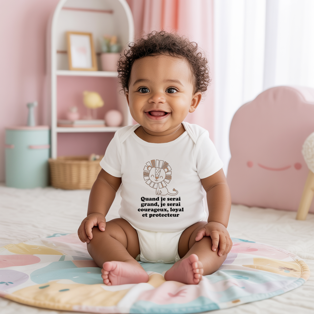 Body bébé personnalisé en coton lion serein et message positif porté par bébé - MARJANE et Cie