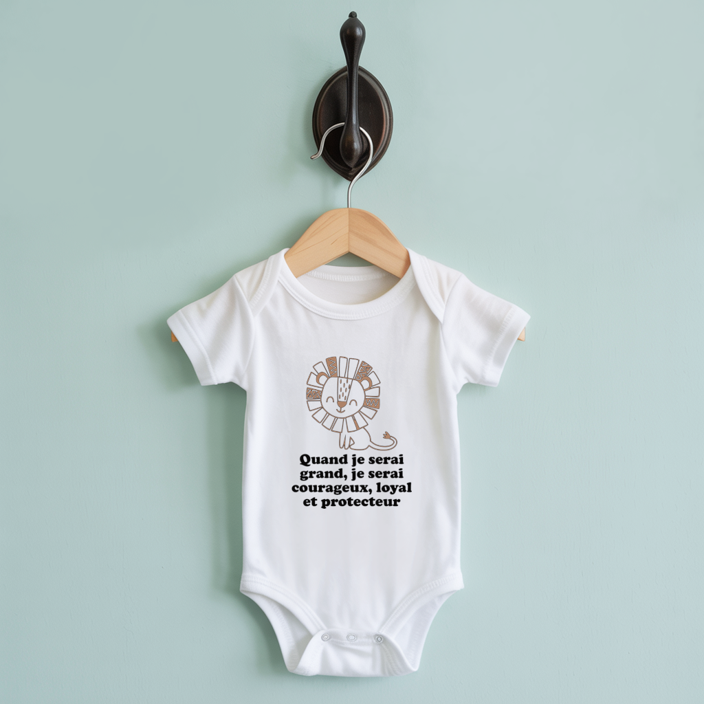 Body bébé personnalisable blanc avec lion serein et message positif suspendu - MARJANE et Cie