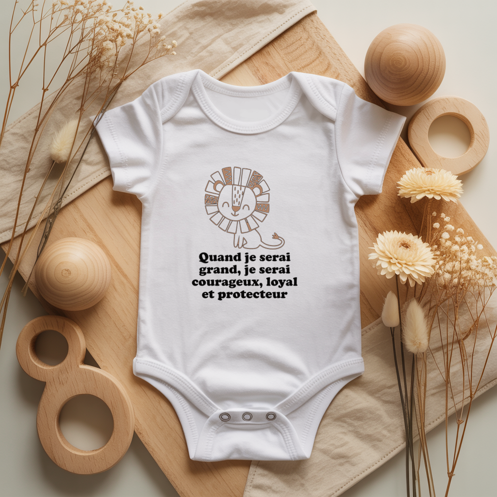 Body bébé personnalisé avec illustration d’un lion serein et message positif flocage couleur, cadeau naissance - MARJANE et Cie