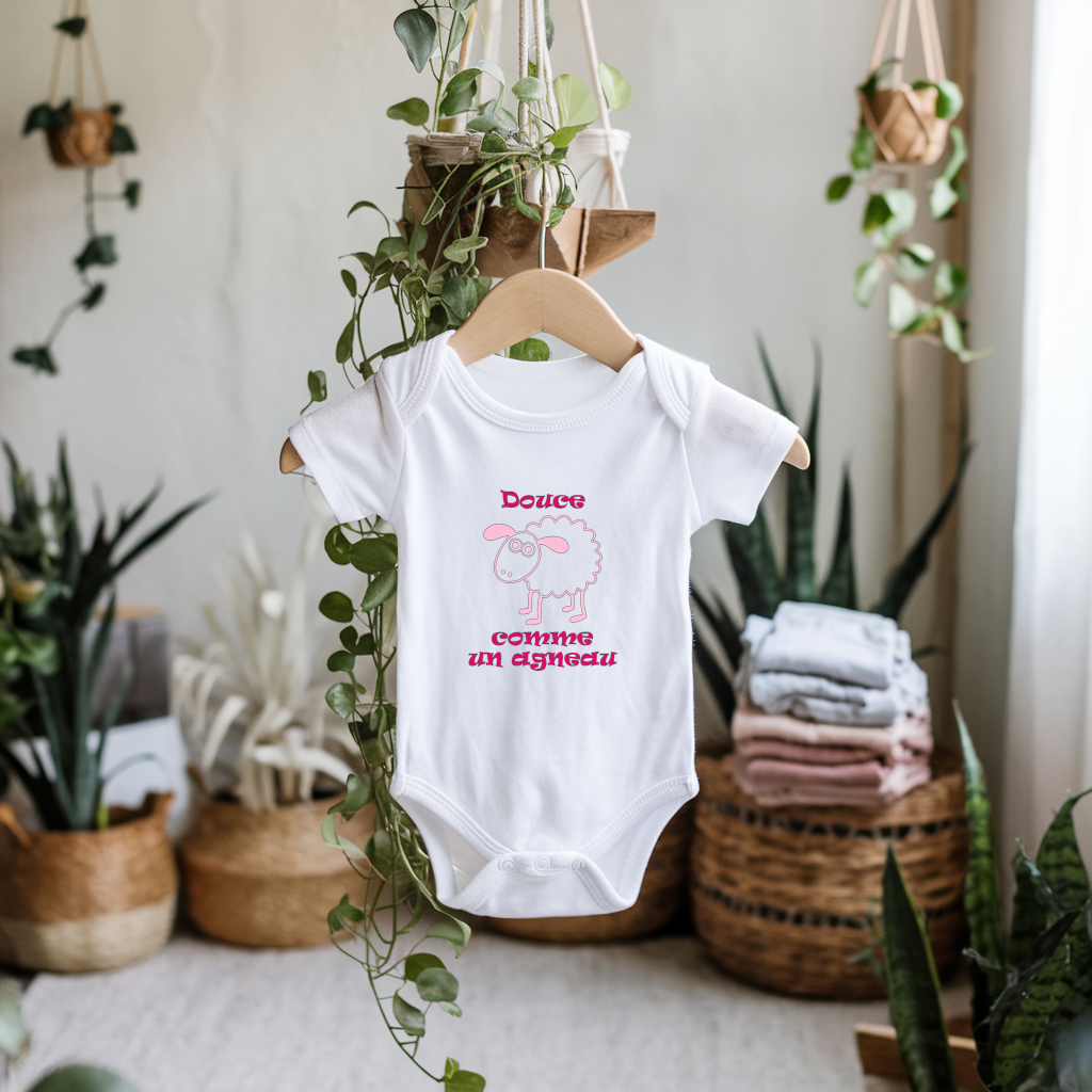 Body bébé personnalisable blanc avec mouton et message suspendu - MARJANE et Cie