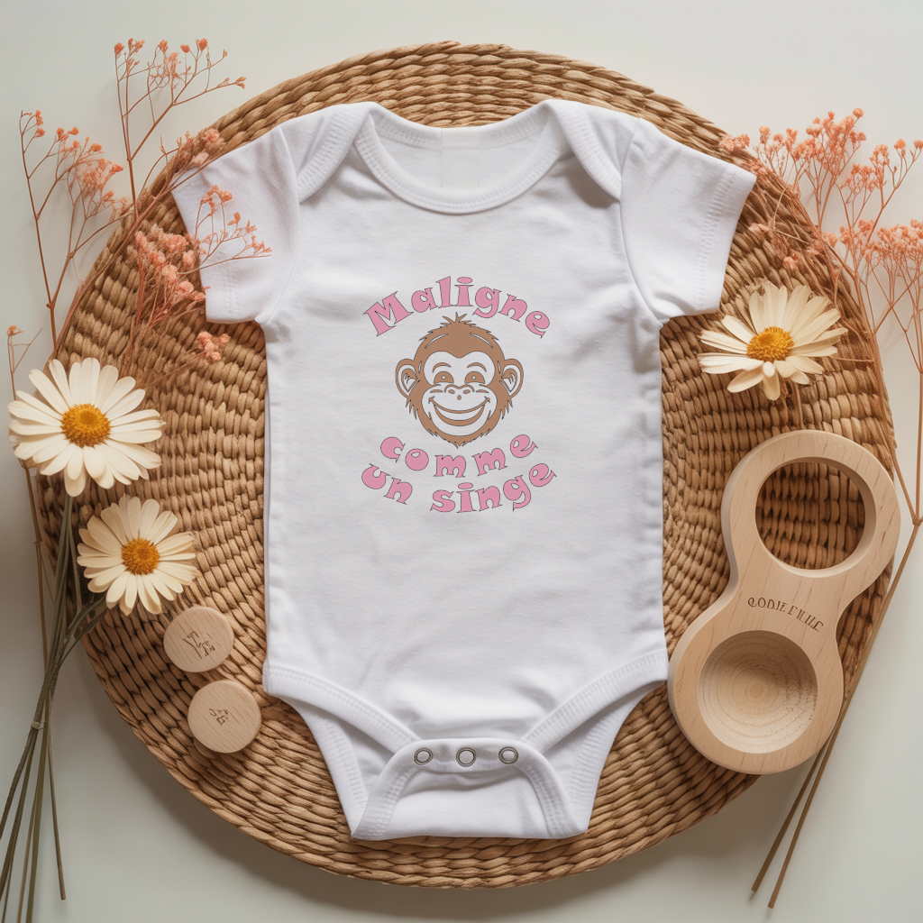 Body bébé personnalisé avec illustration de singe et message flocage couleur - MARJANE et Cie