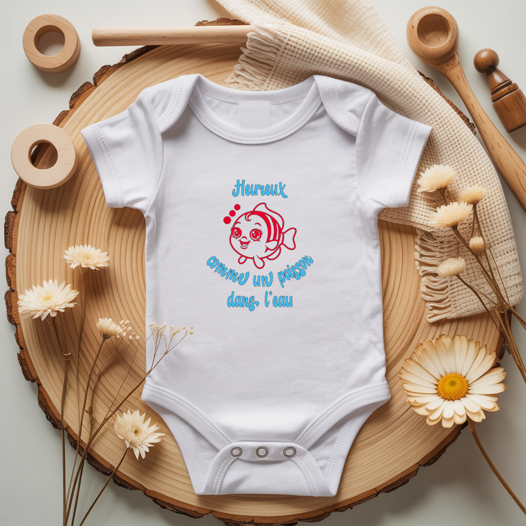 Body bébé personnalisé avec illustration de poisson et message flocage couleur - MARJANE et Cie
