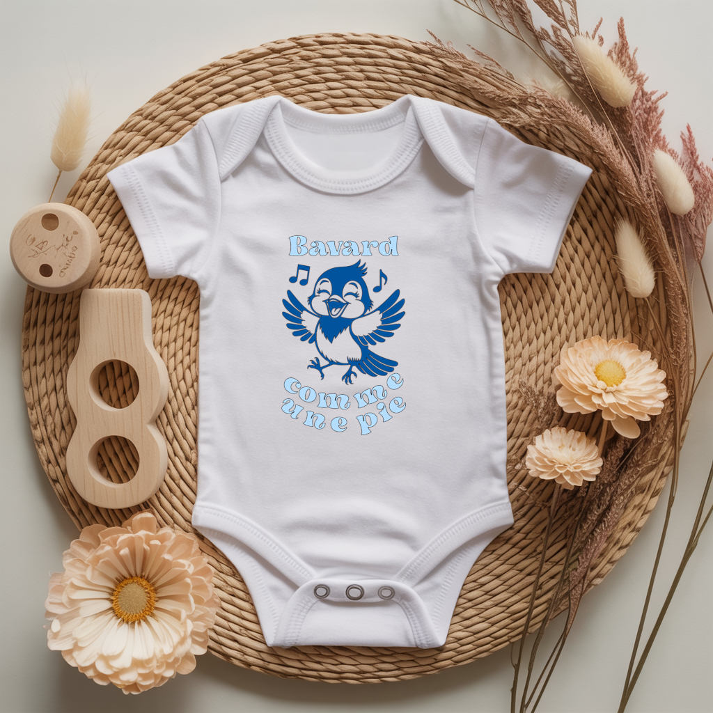 Body bébé personnalisé avec illustration d’oiseau pie et message flocage couleur - MARJANE et Cie