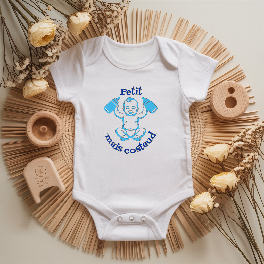Body bébé personnalisé avec illustration de bébé costaud et message flocage couleur - MARJANE et Cie