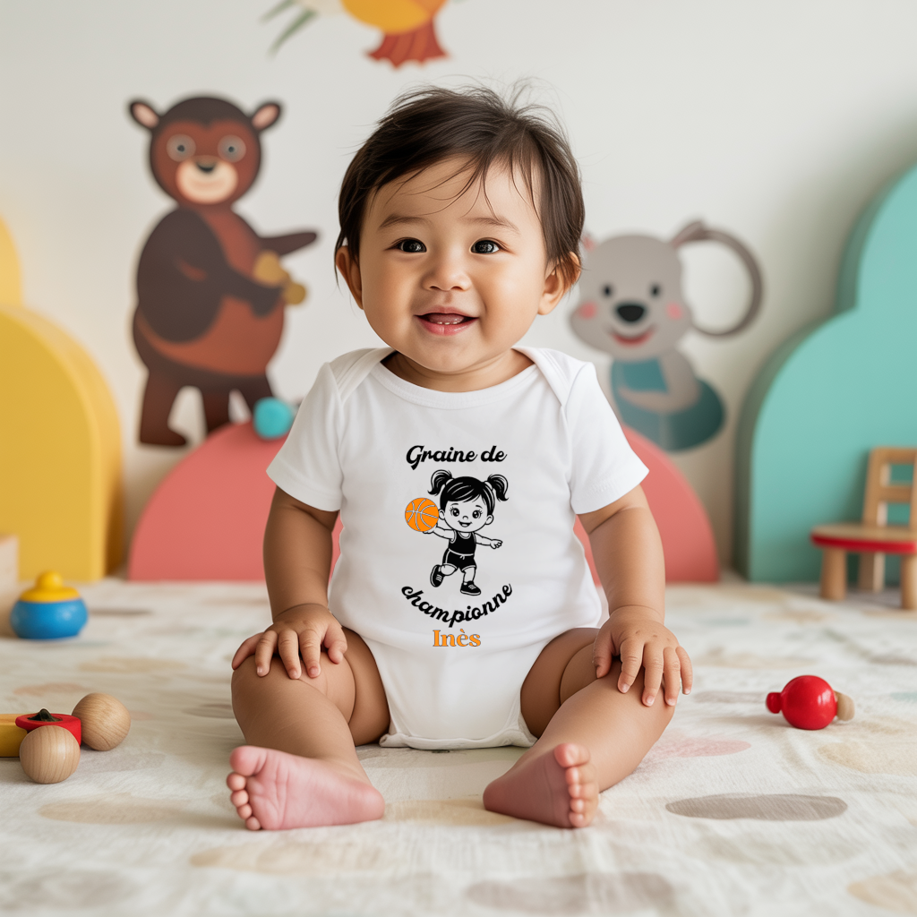 Body bébé personnalisé en coton fille jouant au basket porté par bébé - MARJANE et Cie
