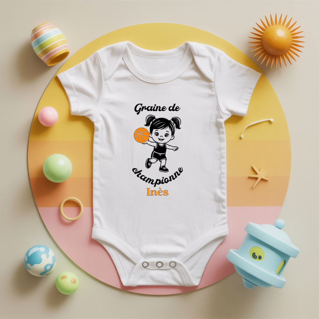 Body bébé personnalisé avec fille jouant au basket en coton par flocage, cadeau naissance - MARJANE et Cie