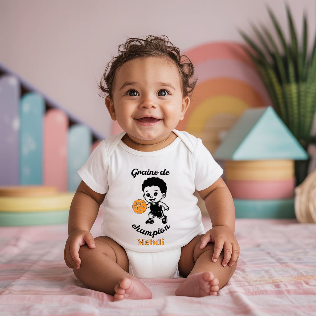 Body bébé personnalisé en coton garçon jouant au basket porté par bébé - MARJANE et Cie