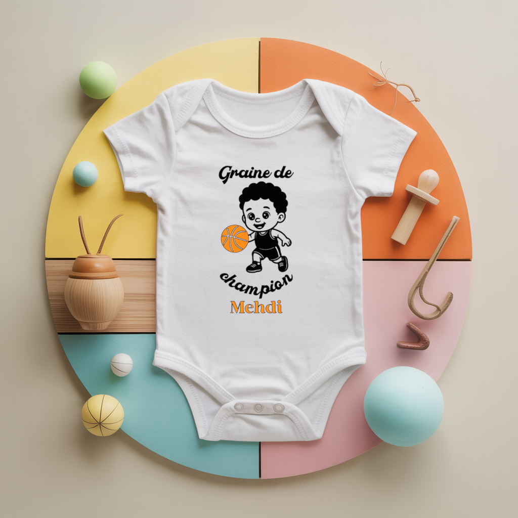 Body bébé personnalisé avec garçon jouant au basket en coton par flocage, cadeau naissance - MARJANE et Cie