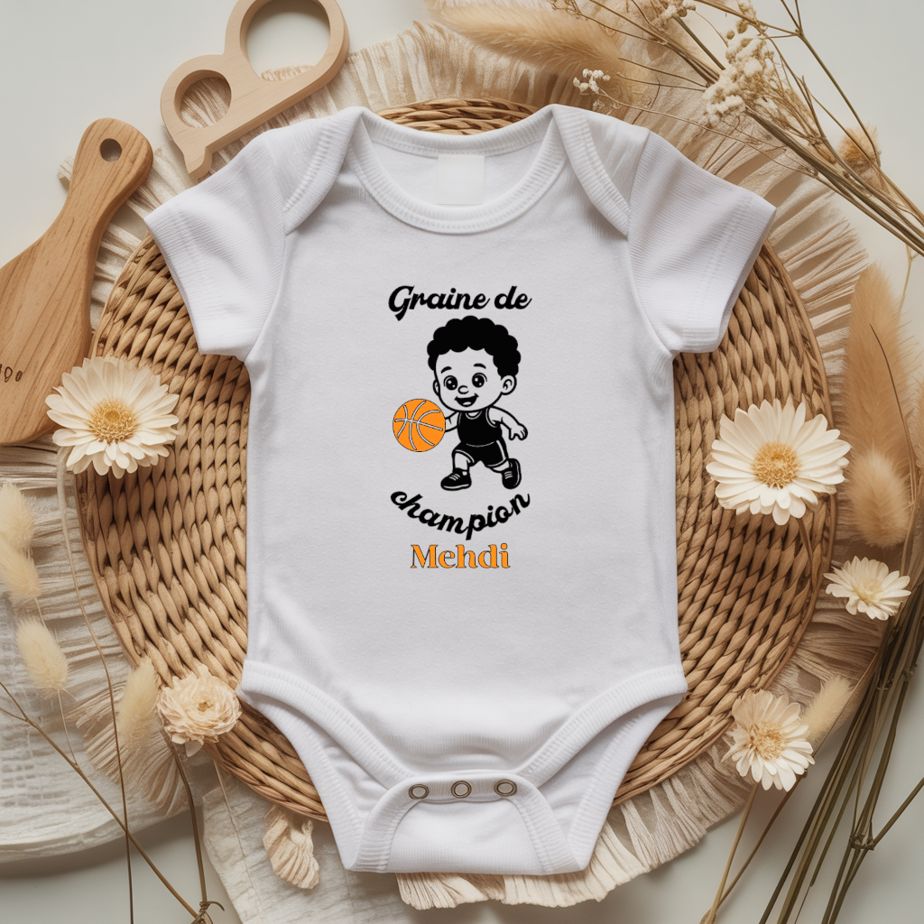 Body bébé personnalisé avec illustration de garçon jouant au basket flocage couleur - MARJANE et Cie