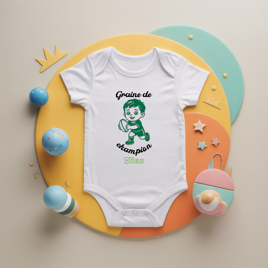 Body bébé personnalisé avec garçon jouant au rugby en coton par flocage, cadeau naissance - MARJANE et Cie