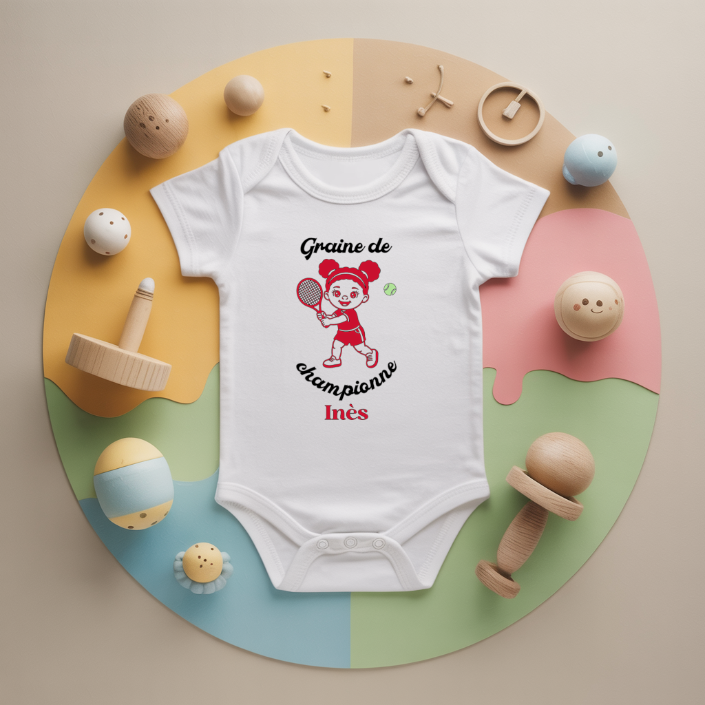 Body bébé personnalisé avec fille jouant au tennis en coton par flocage, cadeau naissance - MARJANE et Cie
