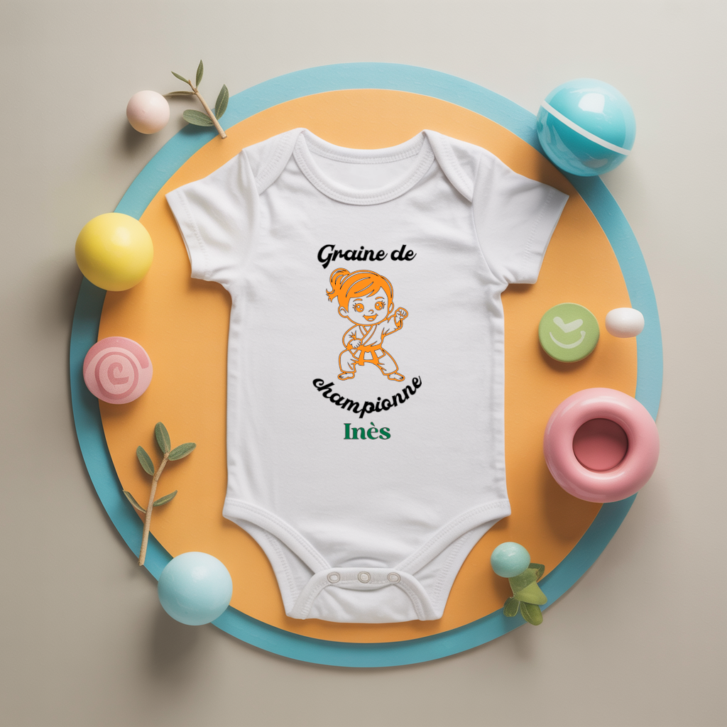 Body bébé personnalisé avec fille jouant au karaté en coton par flocage, cadeau naissance - MARJANE et Cie