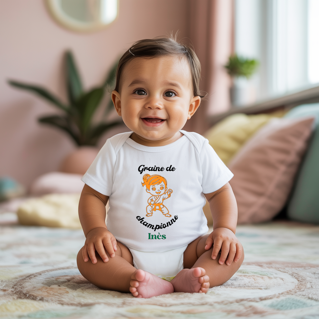 Body bébé personnalisé en coton fille jouant au karaté porté par bébé - MARJANE et Cie