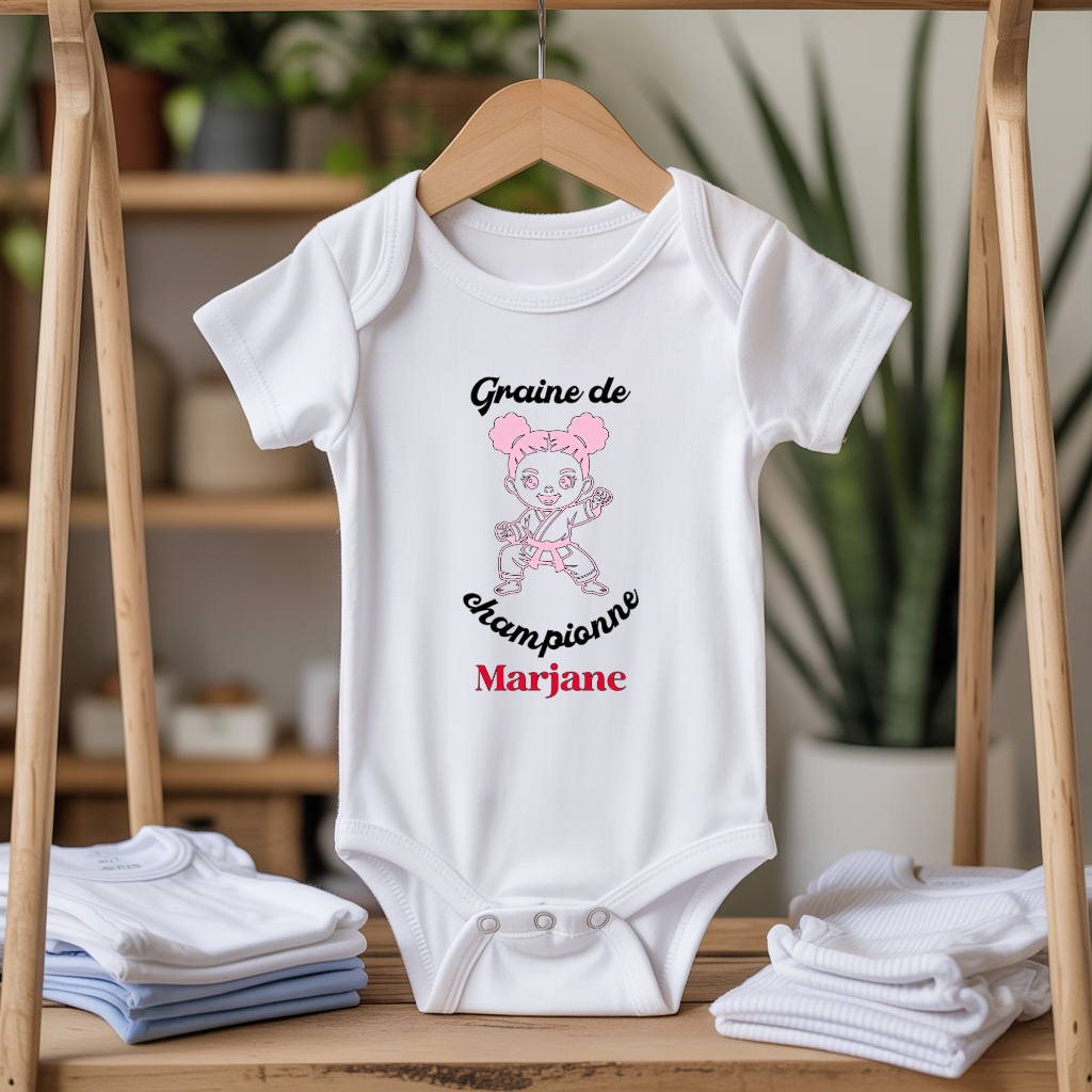 Body bébé personnalisable blanc avec fille jouant au karaté suspendu - MARJANE et Cie