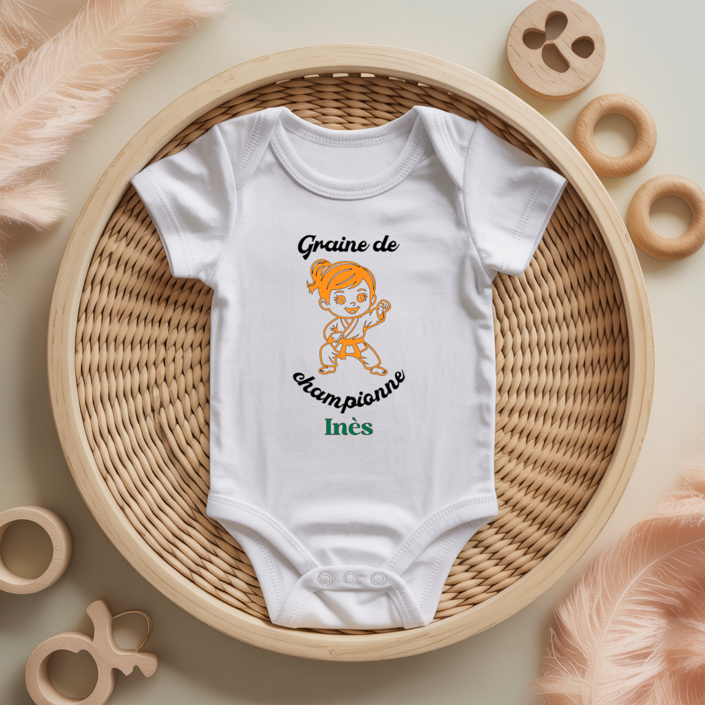 Body bébé personnalisé avec illustration de fille jouant au karaté flocage couleur - MARJANE et Cie