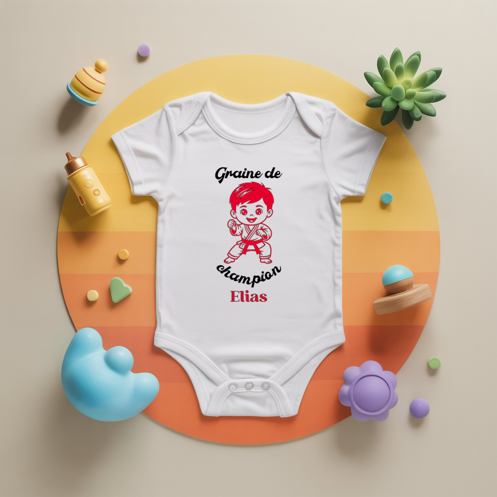 Body bébé personnalisé avec garçon jouant au karaté en coton par flocage, cadeau naissance - MARJANE et Cie