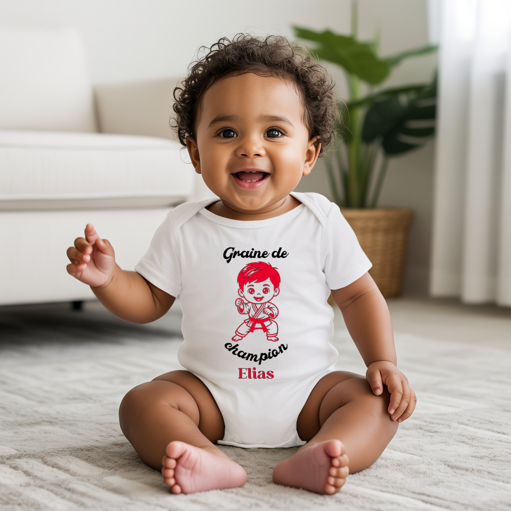 Body bébé personnalisé en coton garçon jouant au karaté porté par bébé - MARJANE et Cie