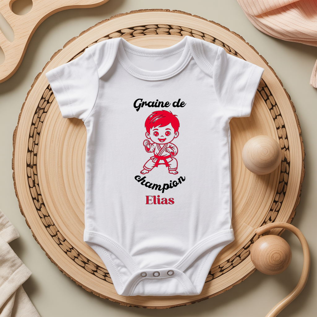 Body bébé personnalisé avec illustration de garçon jouant au karaté flocage couleur - MARJANE et Cie