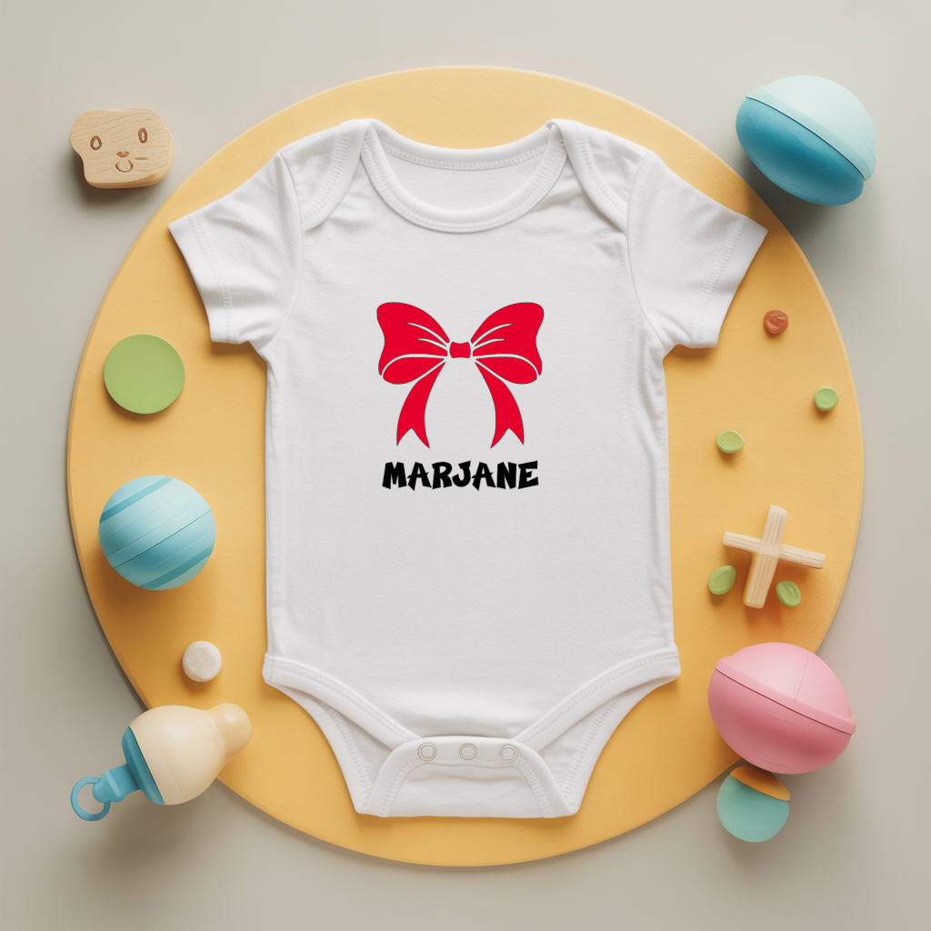Body bébé personnalisé avec nœud rouge graphique en coton par flocage, cadeau naissance - MARJANE et Cie