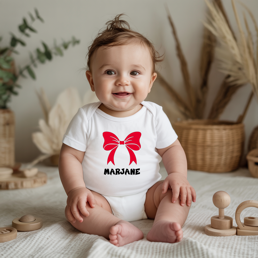 Body bébé personnalisé en coton avec nœud rouge porté par bébé - MARJANE et Cie