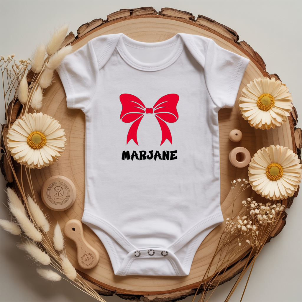Body bébé personnalisé avec illustration d’un nœud rouge flocage couleur - MARJANE et Cie