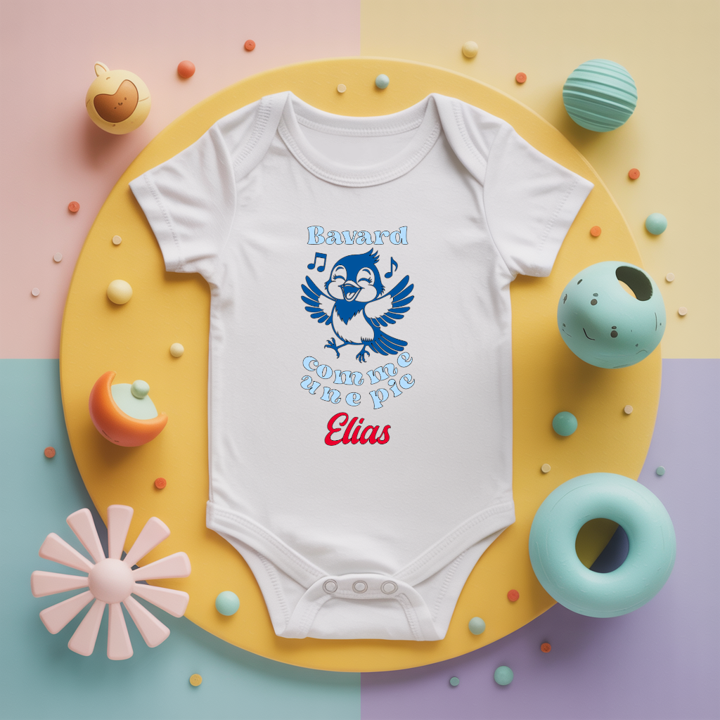 Body bébé personnalisé avec oiseau pie et message en coton par flocage, cadeau naissance - MARJANE et Cie