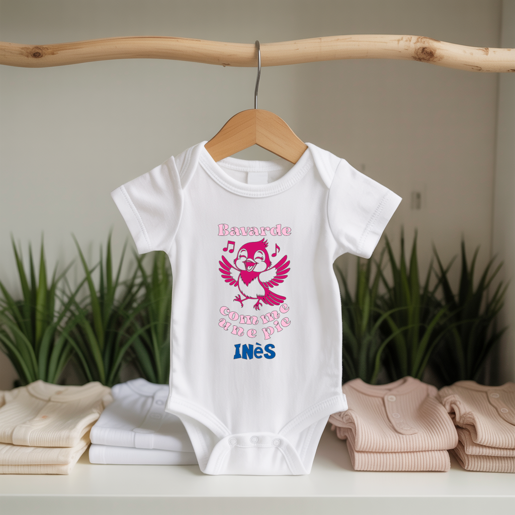 Body bébé personnalisable blanc avec oiseau pie et message suspendu - MARJANE et Cie